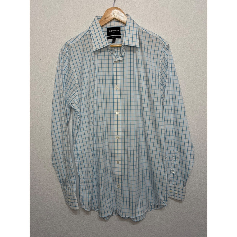 Bonobos Stretch Dress Shirt Mens 17 36 Tailored Fit Blue White Windowpane Check